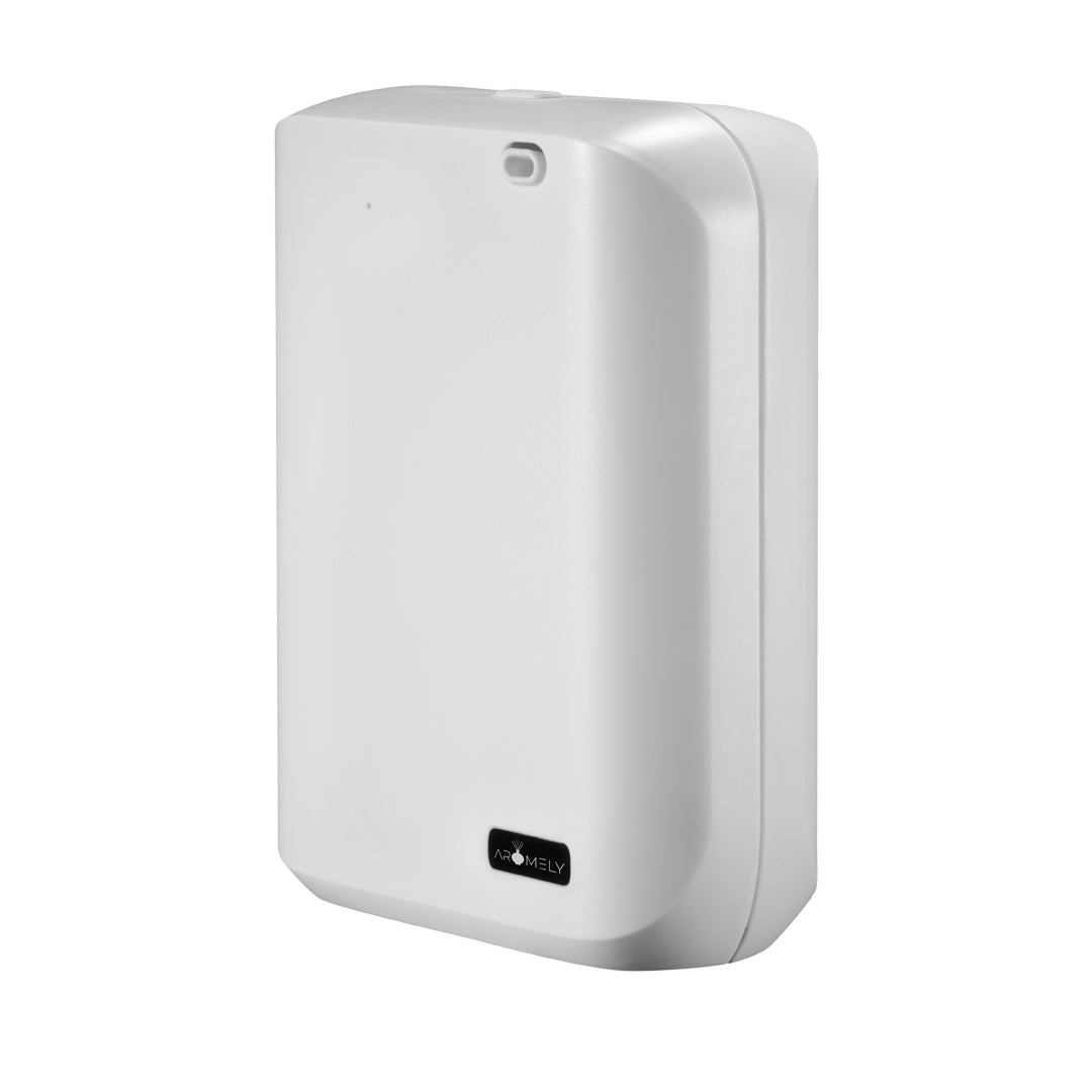 The AROMELY Smart Scent Diffuser for Home, Office & SPA covers up to 1,000 SQFT. It’s a white, rectangular wall-mounted device with a small sensor opening and black logo near the bottom, designed for cold air diffusion of essential oils.