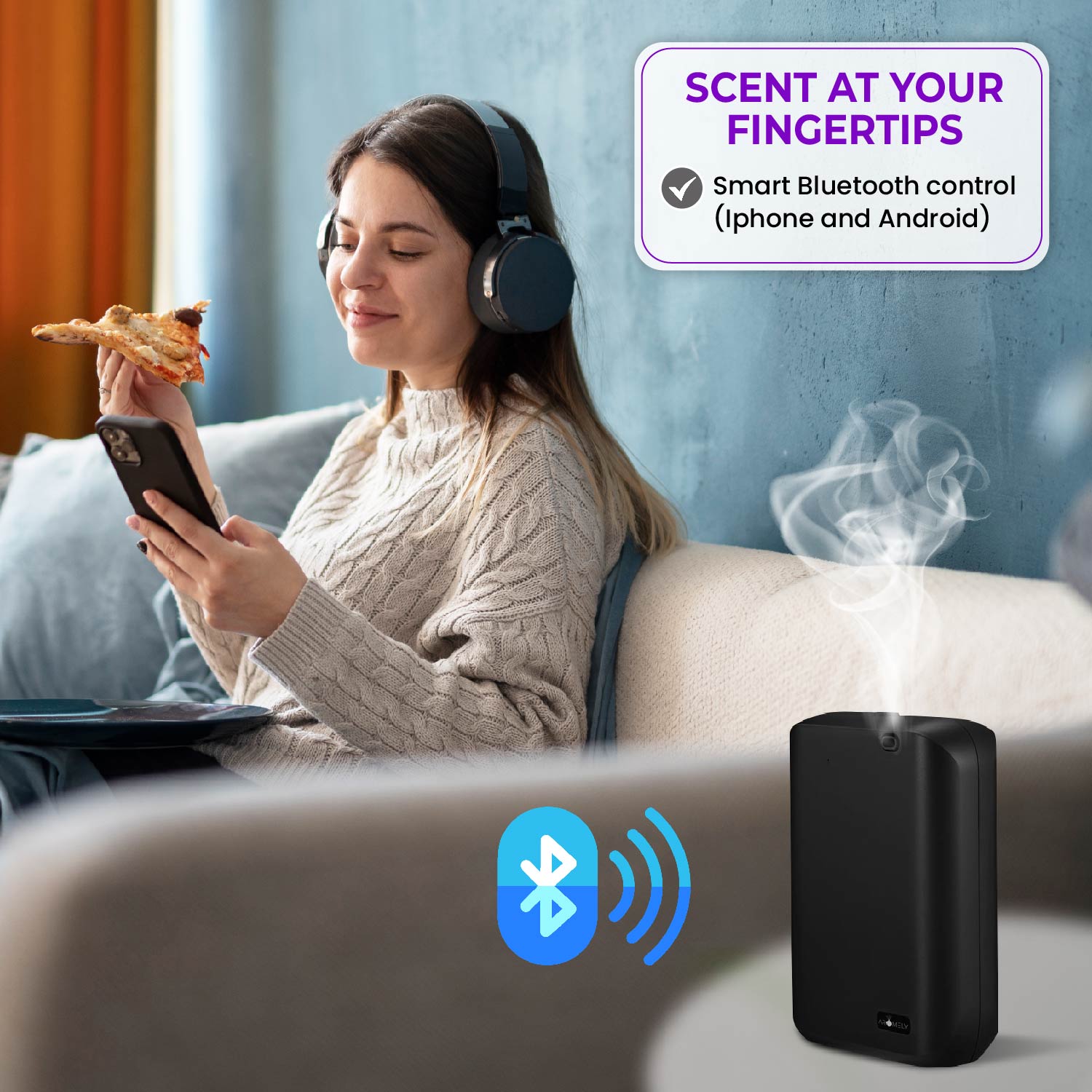 A woman with headphones eats pizza and uses her phone on a couch; an AROMELY Smart Scent Diffuser for Home, Office & SPA (covers up to 1,000 SQFT) emits vapor nearby. Text reads, "Scent at your fingertips.