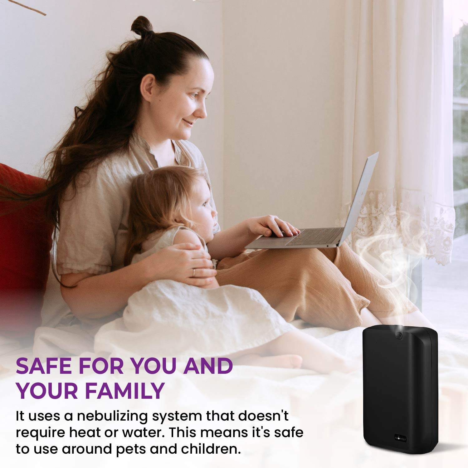 A woman and child use a laptop on the bed while the Aromely Smart Scent Diffuser by AROMELY gently emits a safe, cold-air mist nearby—perfect for homes with pets and kids, covering spaces up to 1,000 SQFT.
