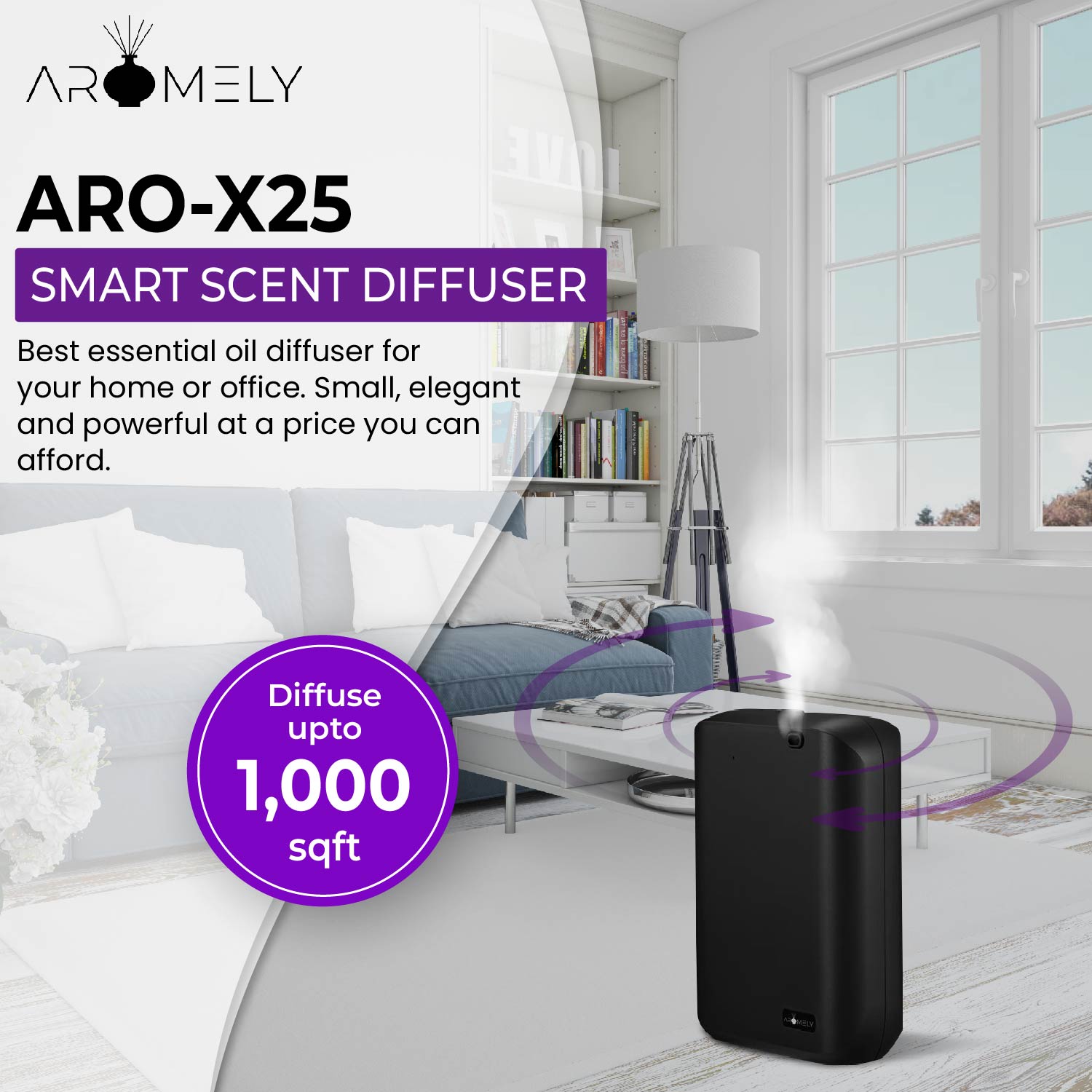 The AROMELY Smart Scent Diffuser emits fragrance using cold air diffusion, filling spaces up to 1,000 sq ft—ideal for home, office, or spa.