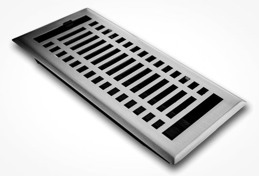 The Madelyn Carter Steel Modern Vent Cover in brushed nickel features parallel and perpendicular slats for optimal airflow, displayed on a white background.