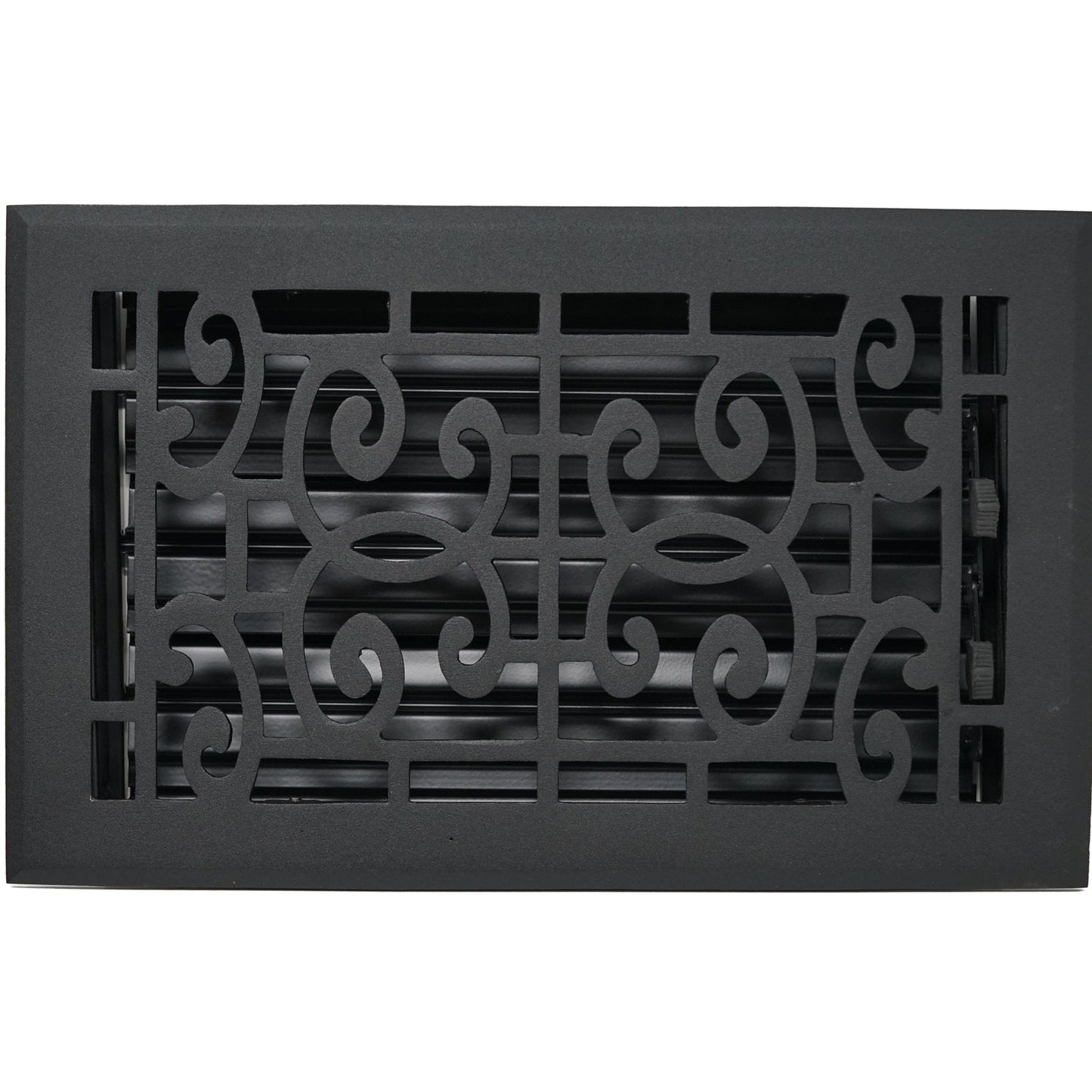 The Madelyn Carter Cast Aluminum Baroque Vent Covers - Black feature a rectangular metal design with a decorative scroll pattern, horizontal slats, and adjustable metal dampers for customizable airflow control.