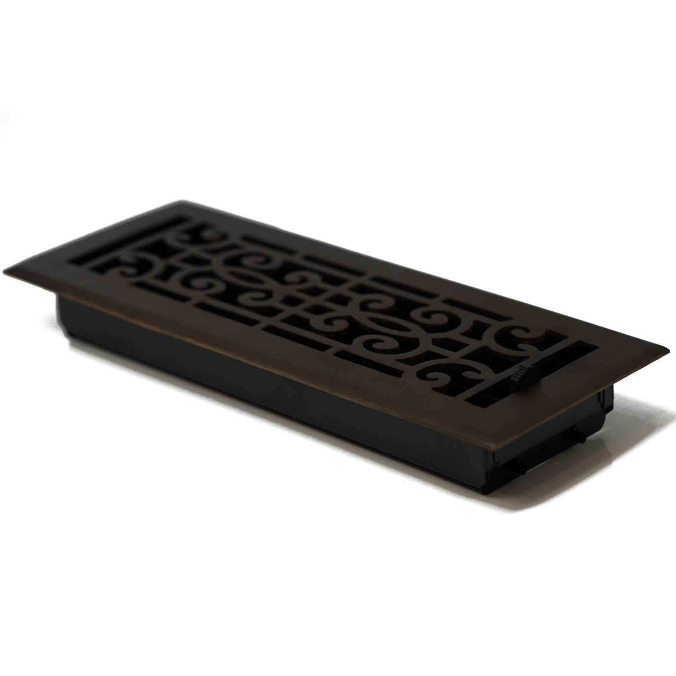 The Madelyn Carter Cast Brass Baroque Vent Cover in Oil Rubbed Bronze features a decorative scroll pattern and is shown on a white background.