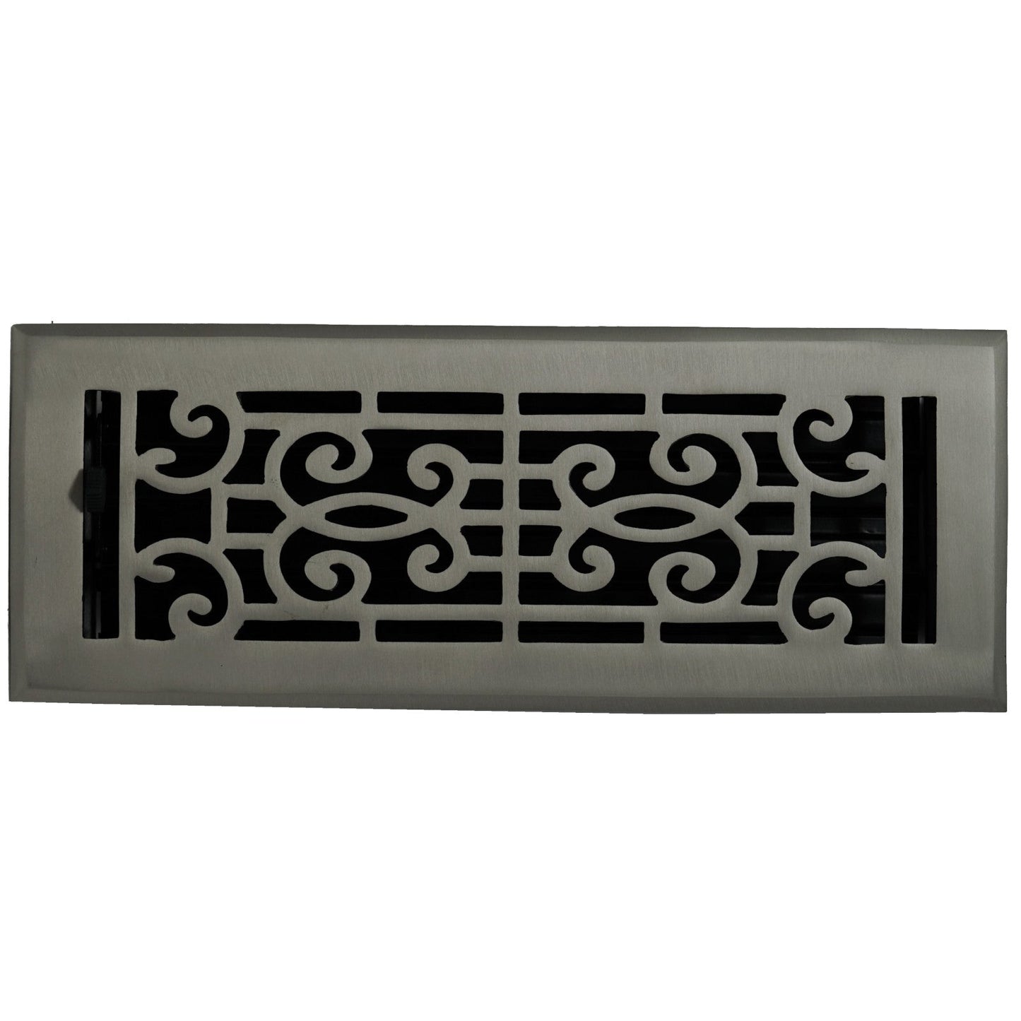 The Madelyn Carter Cast Brass Baroque Vent Cover in Brushed Nickel features a decorative, symmetrical scroll design and adjustable metal dampers for airflow control.