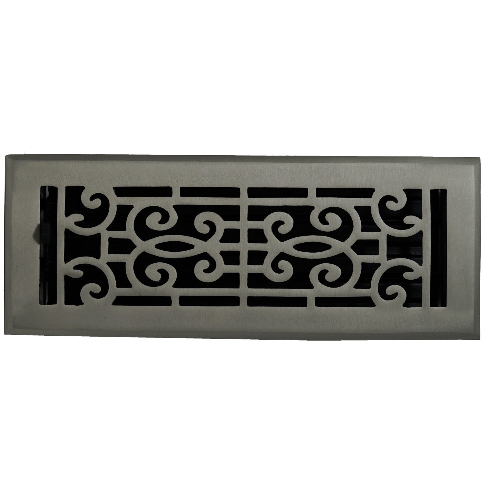 The Madelyn Carter Cast Brass Baroque Vent Cover in Brushed Nickel features a decorative, symmetrical scroll design and adjustable metal dampers for airflow control.