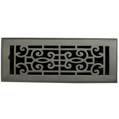 The Madelyn Carter Cast Brass Baroque Vent Cover in Brushed Nickel features a decorative, symmetrical scroll design and adjustable metal dampers for airflow control.