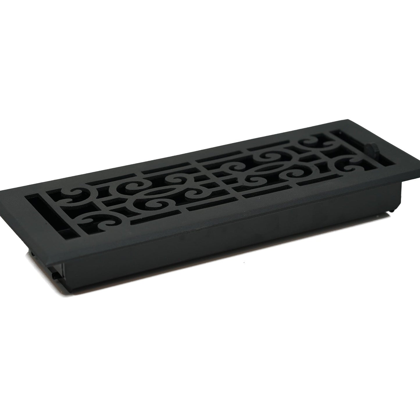 The Madelyn Carter Cast Aluminum Baroque Vent Cover in black features a rectangular frame, scroll pattern design, and adjustable metal dampers for optimal airflow control.