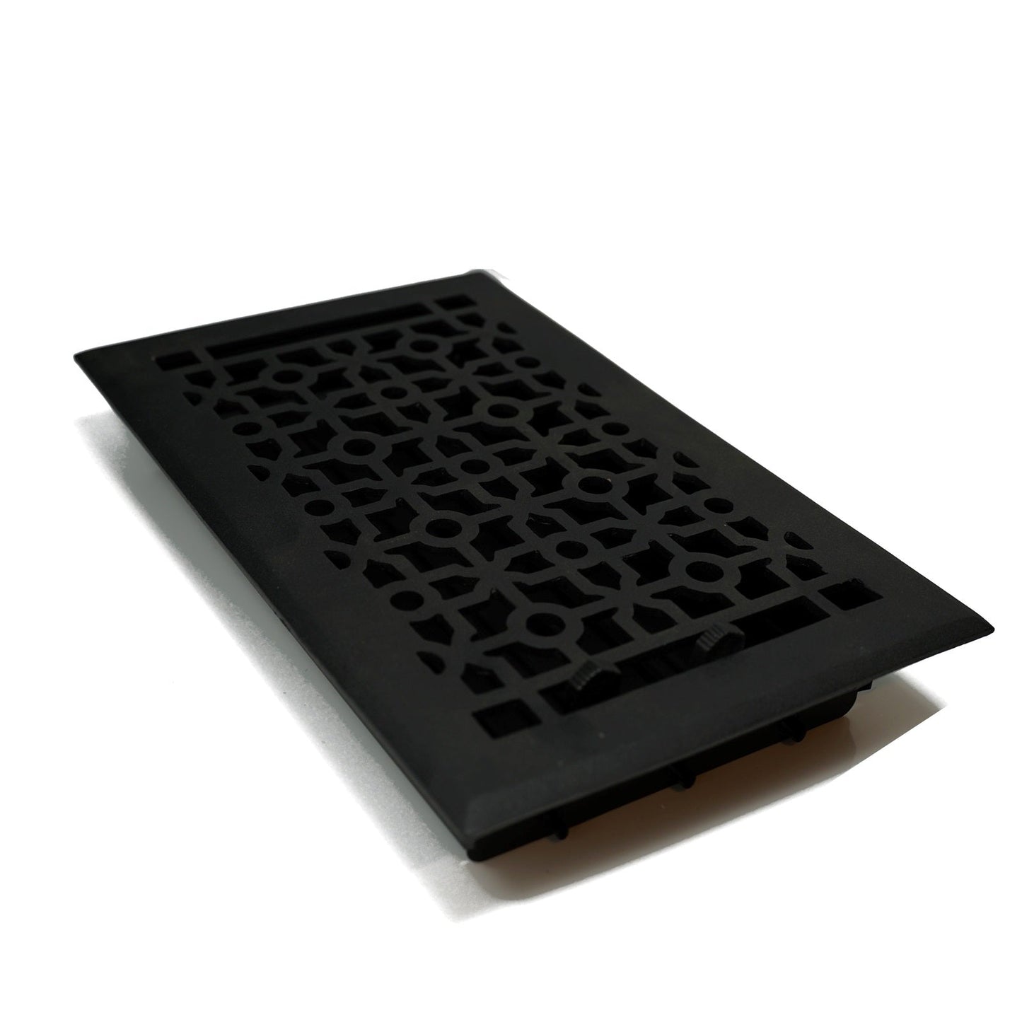 The Madelyn Carter Cast Aluminum Cathedral Vent Cover in black features a decorative geometric grille pattern and is shown on a white background.