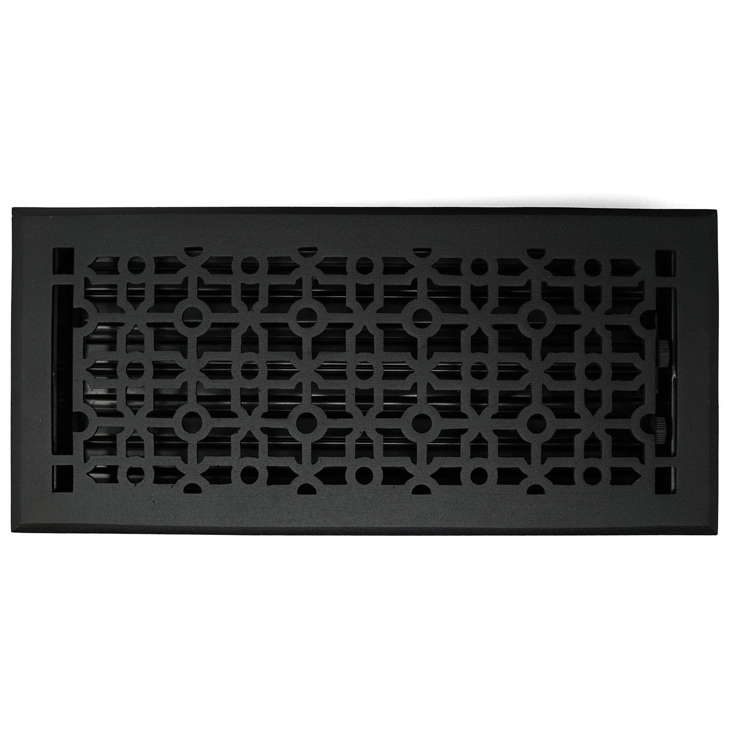 The Madelyn Carter Cast Aluminum Cathedral Vent Cover in black features a geometric pattern of circles and lines, adding a modern touch to any floor.