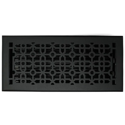 The Madelyn Carter Cast Aluminum Cathedral Vent Cover in black features a geometric pattern of circles and lines, adding a modern touch to any floor.