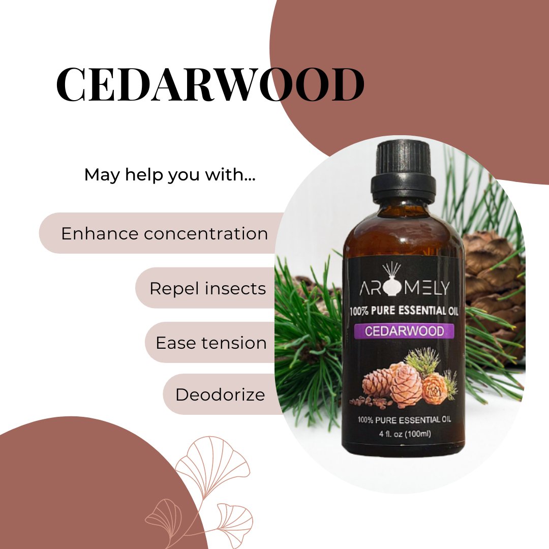 A bottle of AROMELY Cedarwood Essential Oil is pictured with pine needles and a cone, highlighting benefits: calming scent for focus, natural insect repellent, eases tension, deodorizes air—ideal for your diffuser.