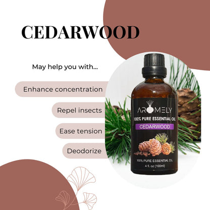 A bottle of AROMELY Cedarwood Essential Oil is pictured with pine needles and a cone, highlighting benefits: calming scent for focus, natural insect repellent, eases tension, deodorizes air—ideal for your diffuser.