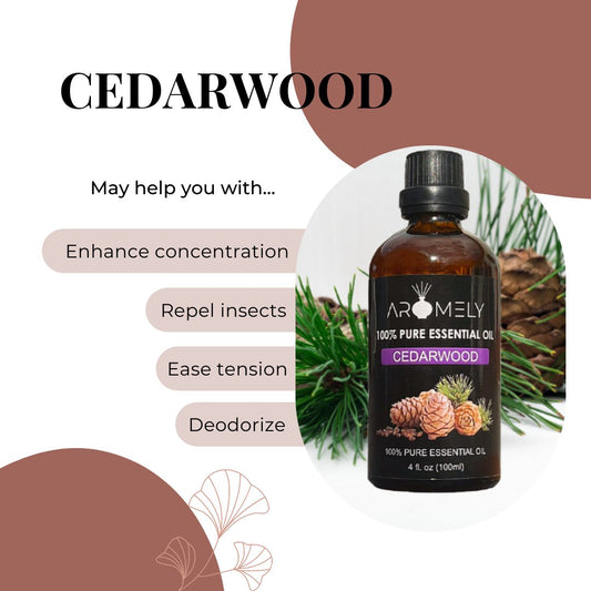 A bottle of AROMELY Cedarwood Essential Oil is pictured with pine needles and a cone, highlighting benefits: calming scent for focus, natural insect repellent, eases tension, deodorizes air—ideal for your diffuser.