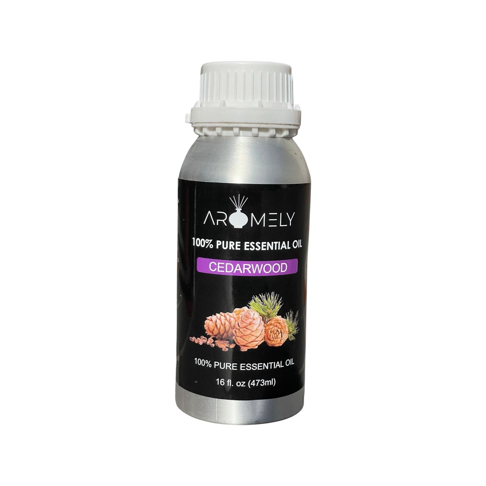 A silver 16 fl. oz. (473ml) bottle of AROMELY Cedarwood Essential Oil, featuring cedar cones and needles—ideal for diffusers and prized for its calming aroma.