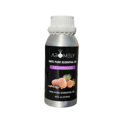 A silver 16 fl. oz. (473ml) bottle of AROMELY Cedarwood Essential Oil, featuring cedar cones and needles—ideal for diffusers and prized for its calming aroma.