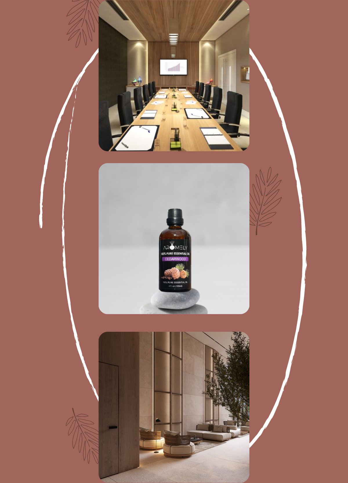 A collage featuring a modern conference room, AROMELY Cedarwood Essential Oil on a stone, and a minimalist lounge area with seating and plants.