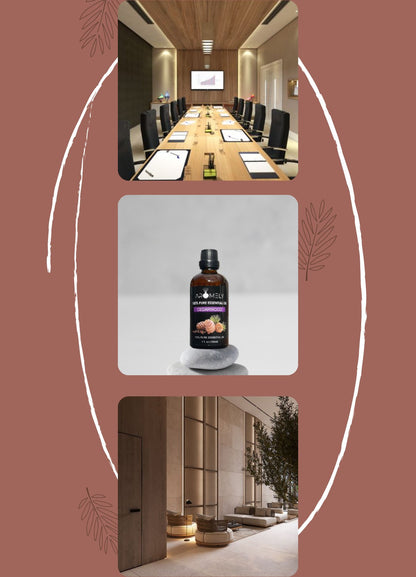 A collage featuring a modern conference room, AROMELY Cedarwood Essential Oil on a stone, and a minimalist lounge area with seating and plants.