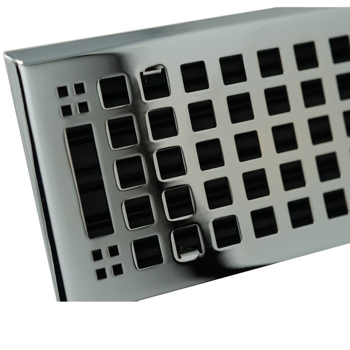 Close-up of the Madelyn Carter Cast Brass Artisan Vent Cover in polished chrome, featuring a shiny metal finish with a geometric square pattern and rectangular openings.