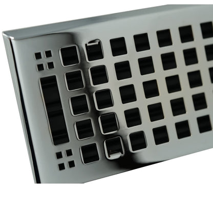 Close-up of the Madelyn Carter Cast Brass Artisan Vent Cover in polished chrome, featuring a shiny metal finish with a geometric square pattern and rectangular openings.