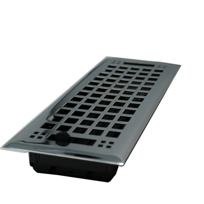 The Madelyn Carter Cast Brass Artisan Vent Cover in polished chrome is shown at an angle on a white background, featuring a grid pattern.