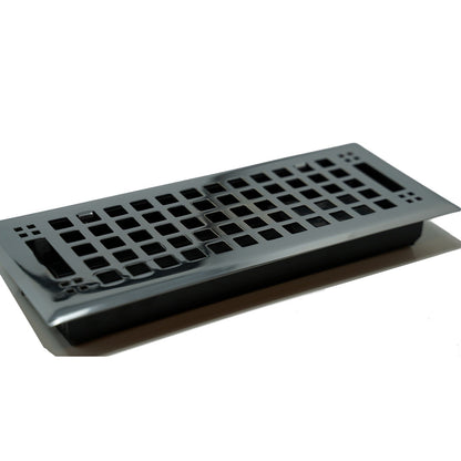 The Madelyn Carter Cast Brass Artisan Vent Cover in polished chrome features a rectangular grid design, shown on a white background.