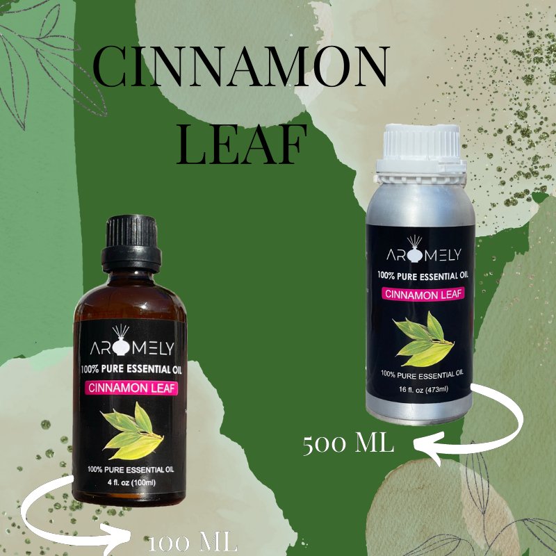 Two bottles of AROMELY Cinnamon Leaf Essential Oil, one 100 ml and one 500 ml, are shown on a green background with leaves.