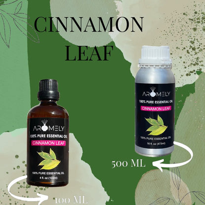 Two bottles of AROMELY Cinnamon Leaf Essential Oil, one 100 ml and one 500 ml, are shown on a green background with leaves.