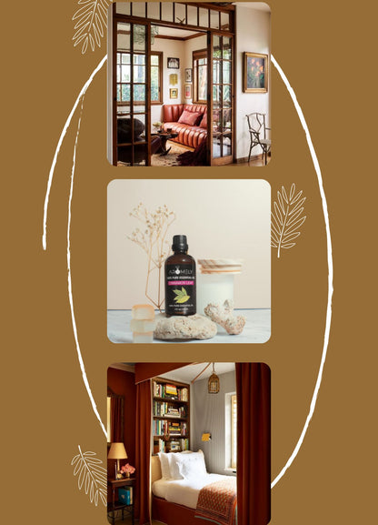A collage displays a living room with a leather sofa, AROMELY Cinnamon Leaf Essential Oil bottle and stones, plus a cozy bedroom with bookshelves—all arranged on a brown background featuring decorative lines and leaf motifs.