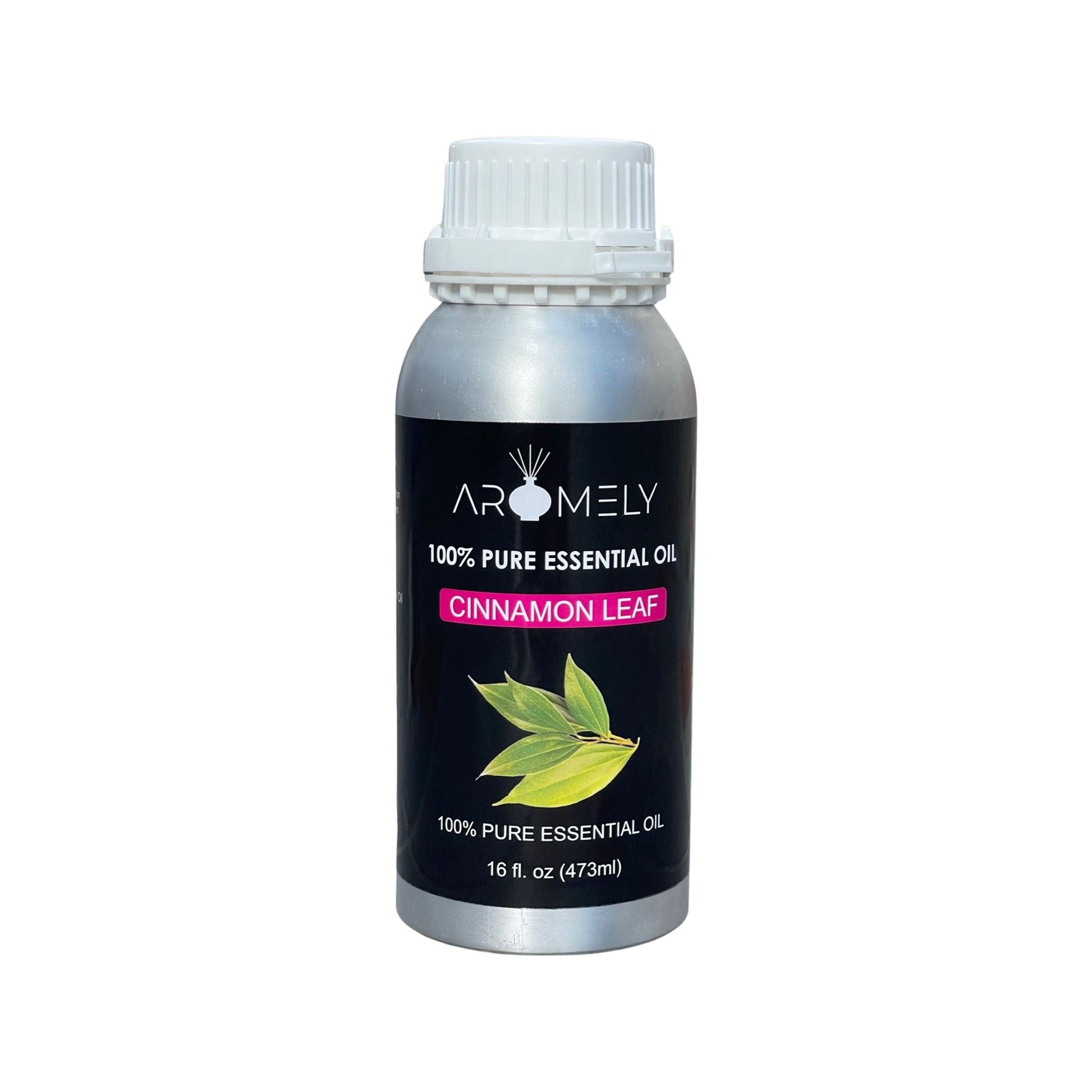 A silver bottle labeled "AROMELY Cinnamon Leaf Essential Oil, 16 fl. oz (473 ml)" features green leaves on the front, showcasing this pure essential oil.