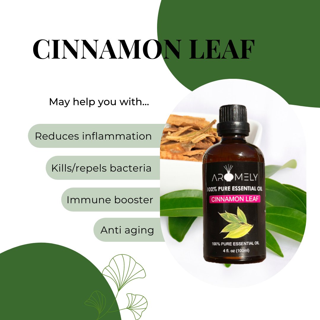 A bottle of AROMELY Cinnamon Leaf Essential Oil is shown with cinnamon sticks and green leaves, featuring text that highlights the benefits of this pure essential oil.