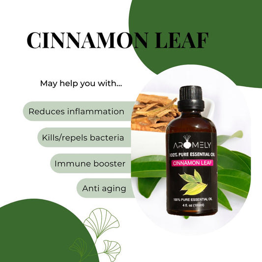 A bottle of AROMELY Cinnamon Leaf Essential Oil is shown with cinnamon sticks and green leaves, featuring text that highlights the benefits of this pure essential oil.