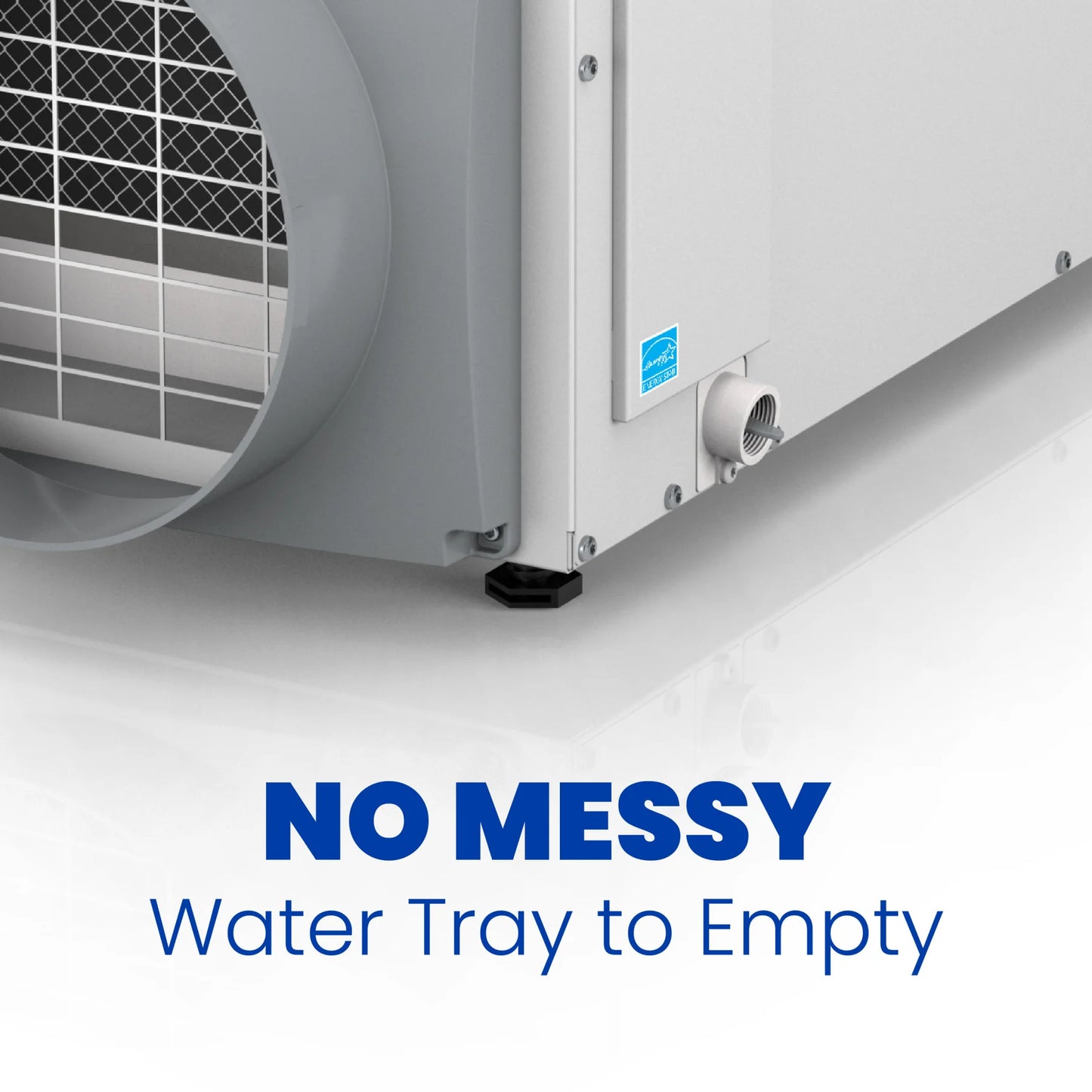 Close-up of the Aprilaire 100 Pint Professional-Grade Dehumidifier (Model E100) showing its vent and pipe, with "NO MESSY Water Tray to Empty" in blue letters at the bottom.