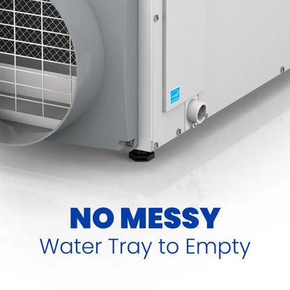 Close-up of the Aprilaire 100 Pint Professional-Grade Dehumidifier (Model E100) showing its vent and pipe, with "NO MESSY Water Tray to Empty" in blue letters at the bottom.