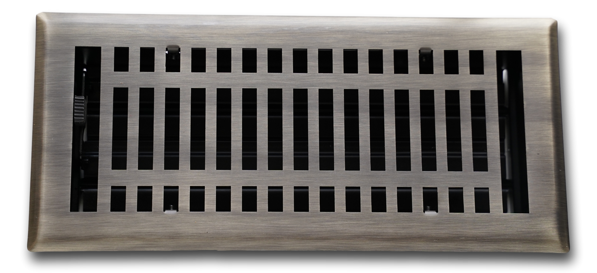 The Madelyn Carter Steel Modern Vent Cover in Antique Brass features a brushed finish, a grid of rectangular openings, and is designed for rust-resistant durability.