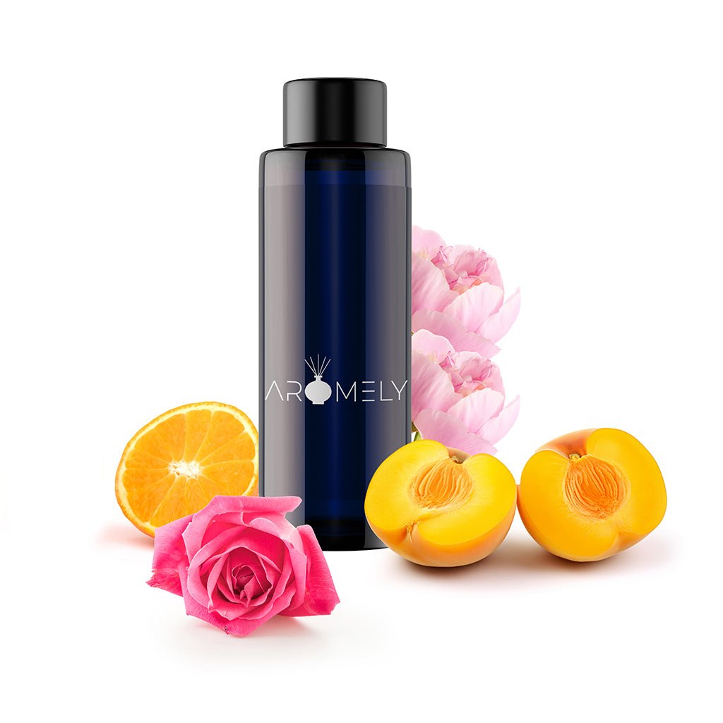 A dark bottle labeled "AROMELY Delighted" rests among a pink rose, pink flowers, a halved orange, and two apricot halves—suggesting a floral-fruity aroma made from pure natural essential oils.