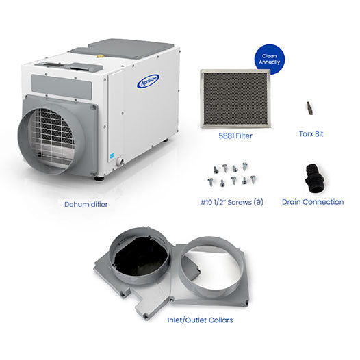 Aprilaire 80 Pint Professional-Grade Dehumidifier (Model E80) with filter, torx bit, screws, drain connection, and intake/outlet collars shown on a white background.