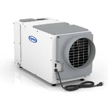 The Aprilaire 80 Pint Professional-Grade Dehumidifier, Model E80, features a white body, vented front, visible power cord, and grey top. It is energy-efficient and is shown on a white background.