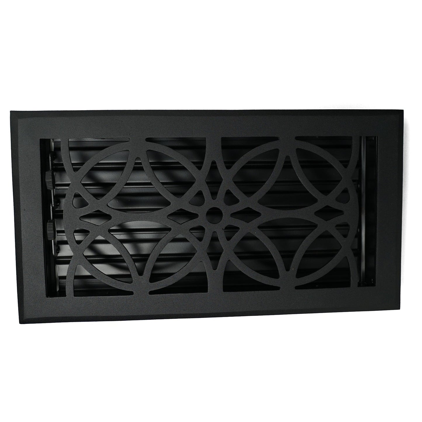 The Madelyn Carter Cast Aluminum Empire Vent Cover in black features a decorative geometric pattern and adjustable slats, adding a stylish touch to any floor or wall.