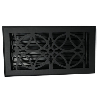The Madelyn Carter Cast Aluminum Empire Vent Cover in black features a decorative geometric pattern and adjustable slats, adding a stylish touch to any floor or wall.