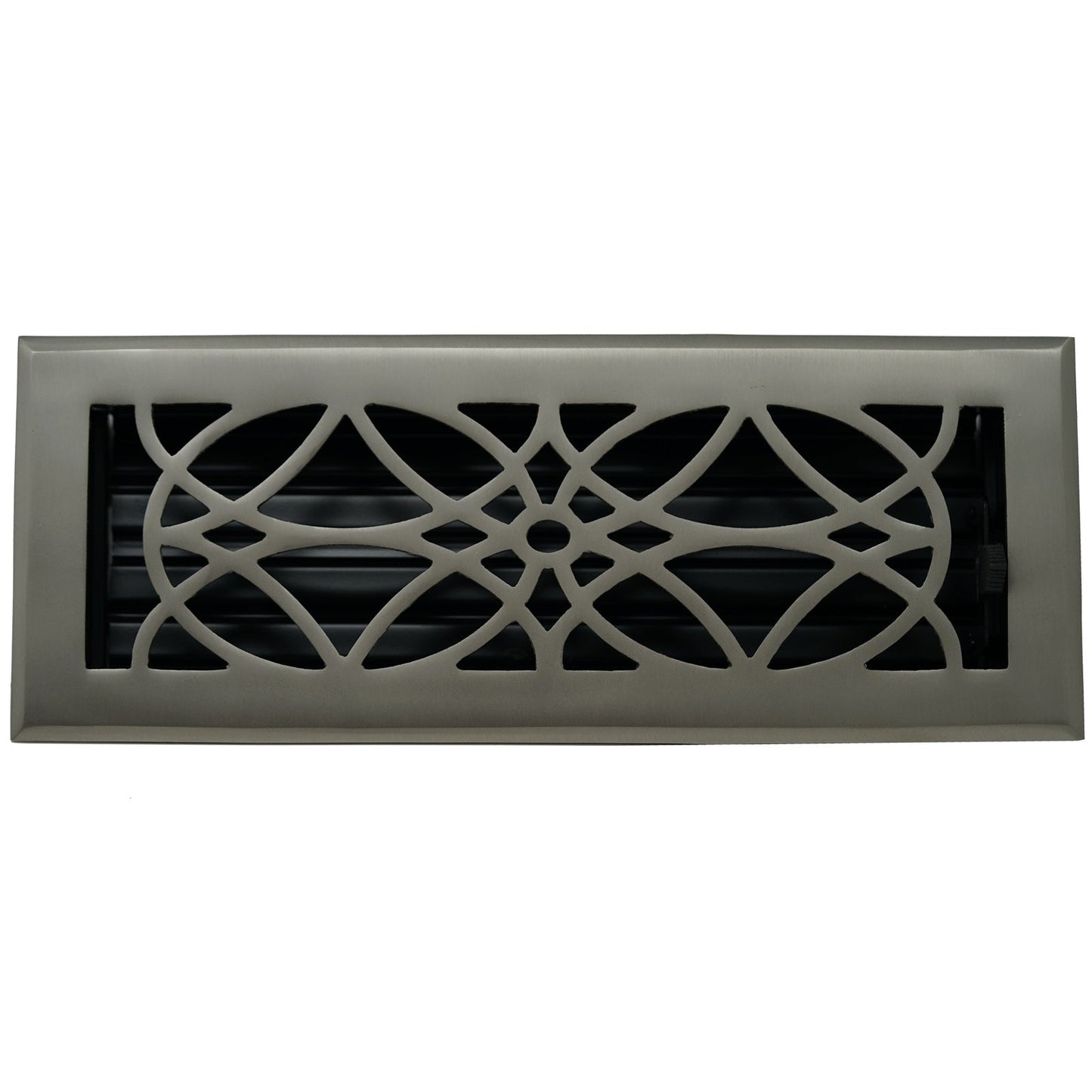 The Madelyn Carter Cast Brass Empire Vent Cover in brushed nickel features a decorative geometric design and black louvers behind the grille.