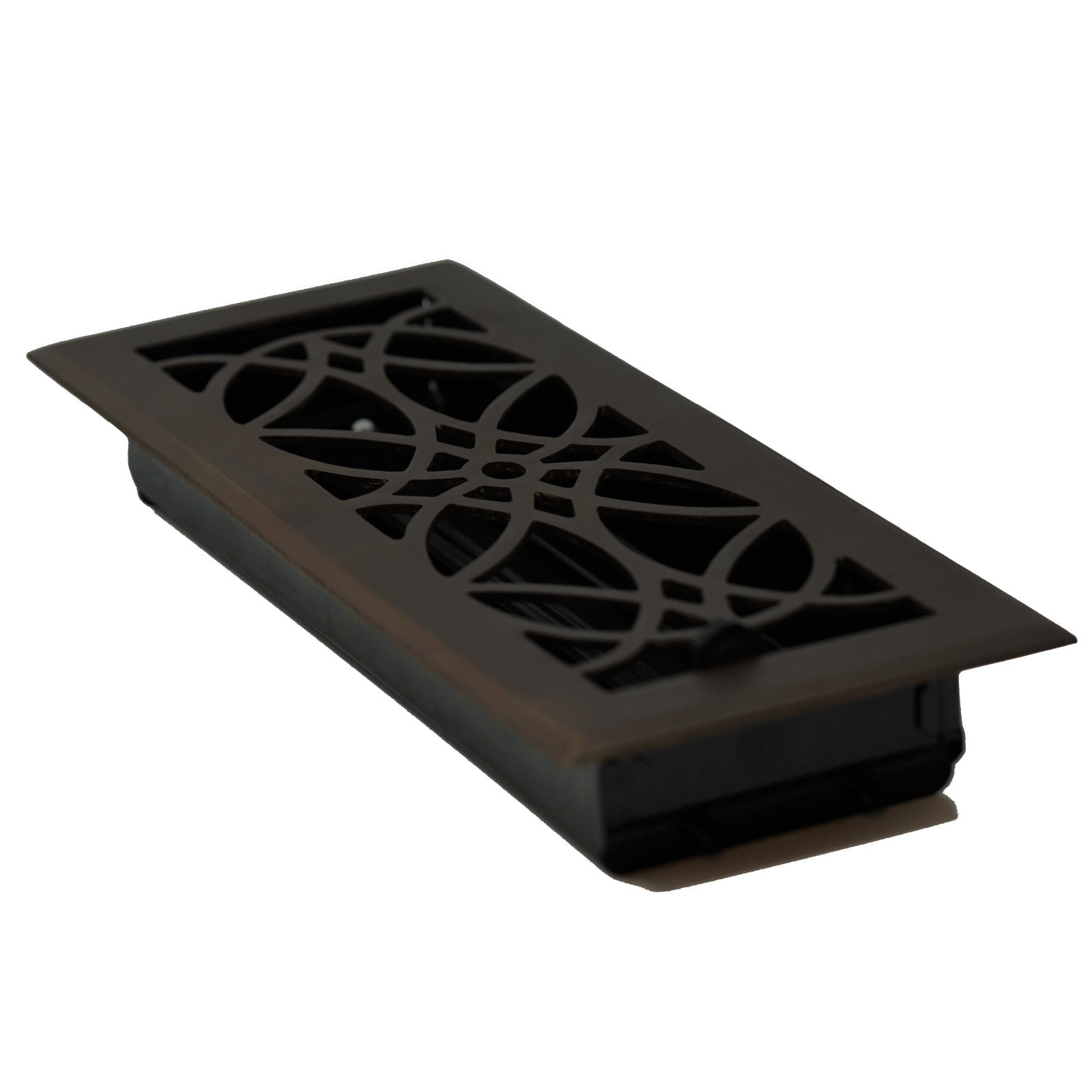 Madelyn Carter Cast Brass Empire Vent Cover in Oil Rubbed Bronze with a decorative geometric design, shown at an angle.