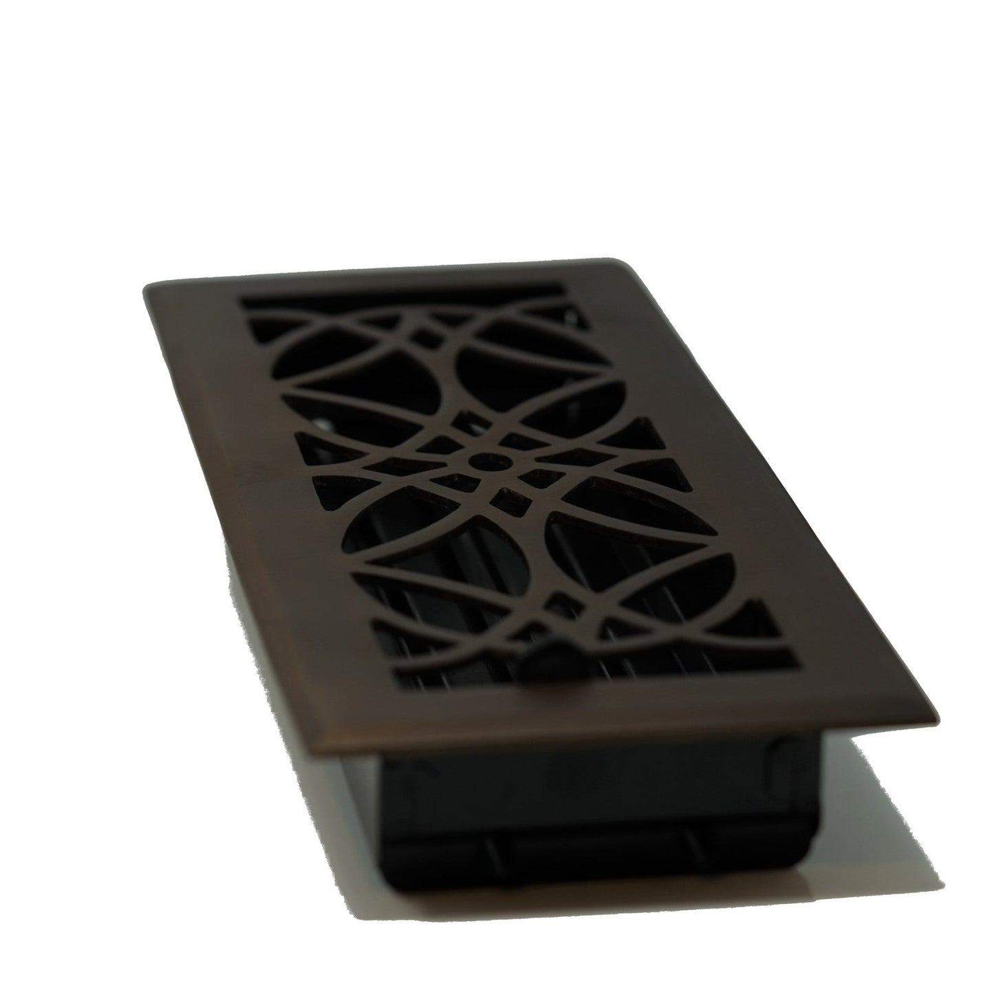 The Madelyn Carter Cast Brass Empire Vent Cover in Oil Rubbed Bronze features a decorative geometric pattern and durable construction, adding timeless style to any space. Shown on a white background.
