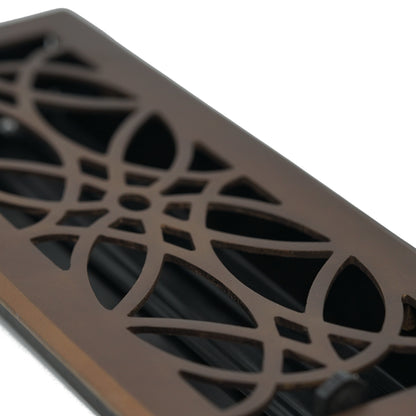 A close-up of the Madelyn Carter Cast Brass Empire Vent Cover highlights its geometric floral cutouts and luxurious oil rubbed bronze finish.