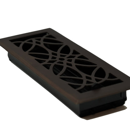 The Madelyn Carter Cast Brass Empire Vent Cover in oil rubbed bronze features a rectangular shape and a decorative geometric design.