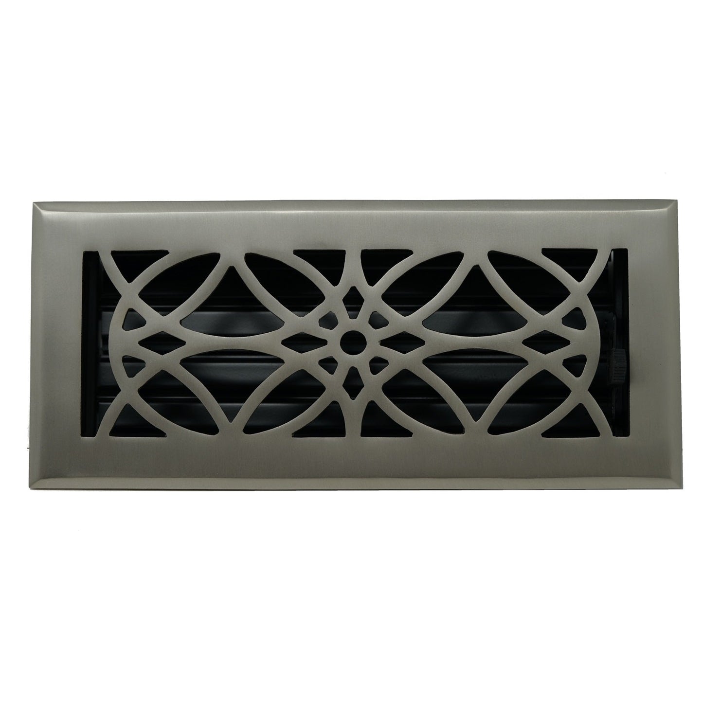 The Madelyn Carter Cast Brass Empire Vent Cover in Brushed Nickel features an ornate geometric design and adjustable black louvers.