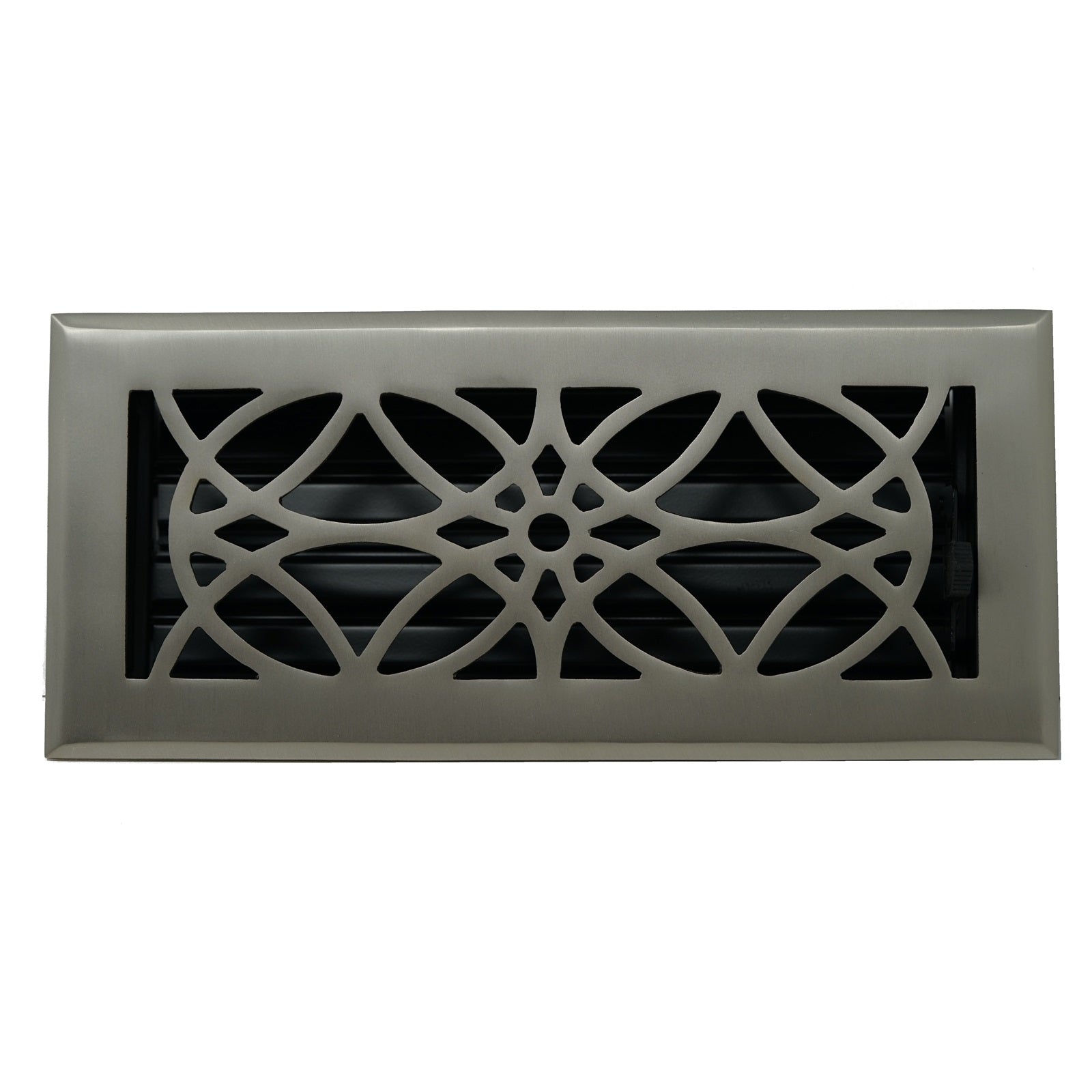 The Madelyn Carter Cast Brass Empire Vent Cover in Brushed Nickel features an ornate geometric design and adjustable black louvers.
