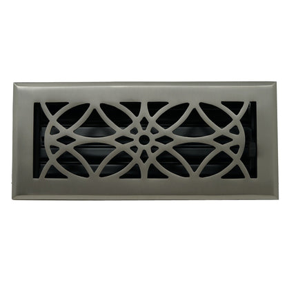 The Madelyn Carter Cast Brass Empire Vent Cover in Brushed Nickel features an ornate geometric design and adjustable black louvers.