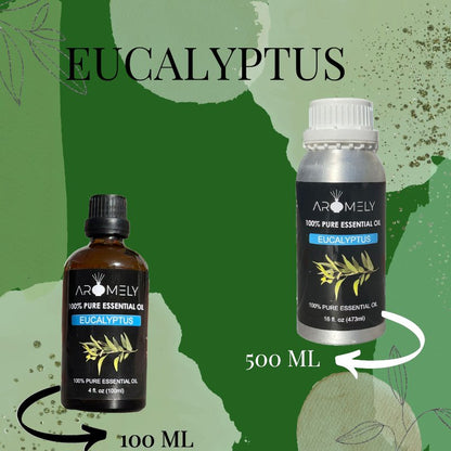 Two bottles of AROMELY Eucalyptus Essential Oil (100 ml and 500 ml) are displayed on a green, leaf-themed background—pure, natural oil ideal for your wellness routine.