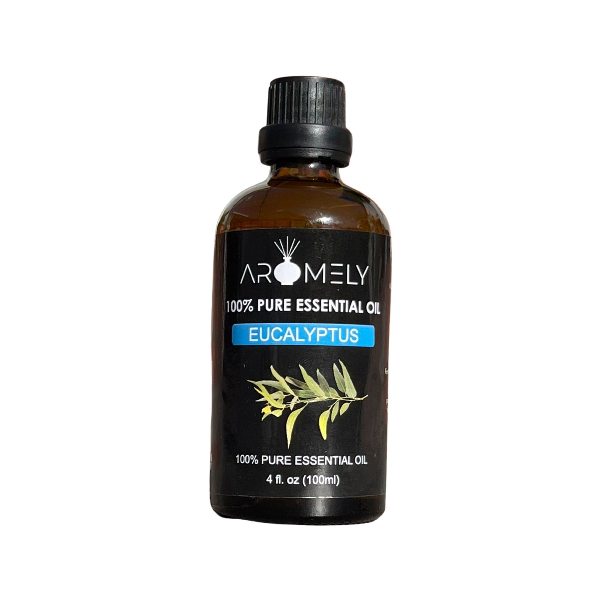A 4 fl. oz. (100ml) brown glass bottle of AROMELY Eucalyptus Essential Oil with a black cap and eucalyptus leaf illustration—ideal as a natural inhalant for aromatherapy and wellness routines.