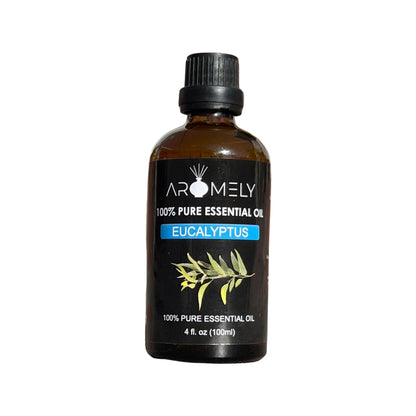 A 4 fl. oz. (100ml) brown glass bottle of AROMELY Eucalyptus Essential Oil with a black cap and eucalyptus leaf illustration—ideal as a natural inhalant for aromatherapy and wellness routines.